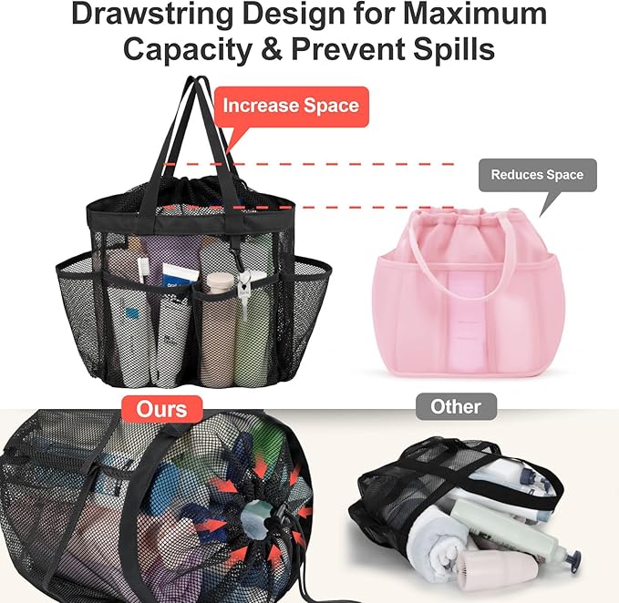 F-color Mesh Shower Caddy Portable with Drawstring, S Hook - 8 Deeper Pockets 2 Handles College Dorm Room Essentials for Girls Guys, Shower Bag Hanging for Camping Gym Travel Toiletry Bathroom, Black