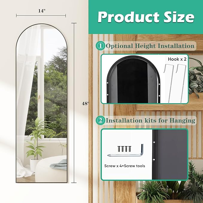 Over the Door Mirror Full Length, 48"x14"Door Hanging Mirror Full Length Arch Mirror, Behind the Door Wall Mirror, Back of Door for Closet Bedroom Living Room, Black