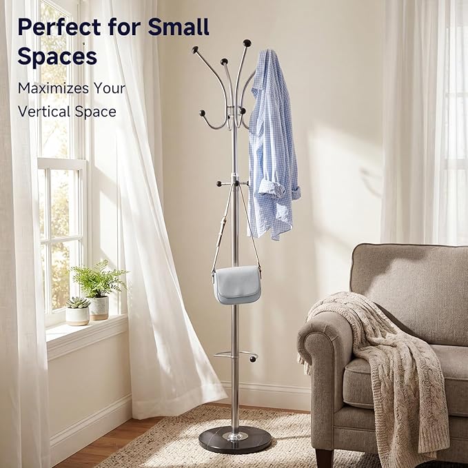 Metal Coat Rack Freestanding with Natural Marble Base, coat rack stand with 11 Hooks & Umbrella Holder, heavy duty coat rack for Coats Hats for Entryway Bedroom Office（silvery）