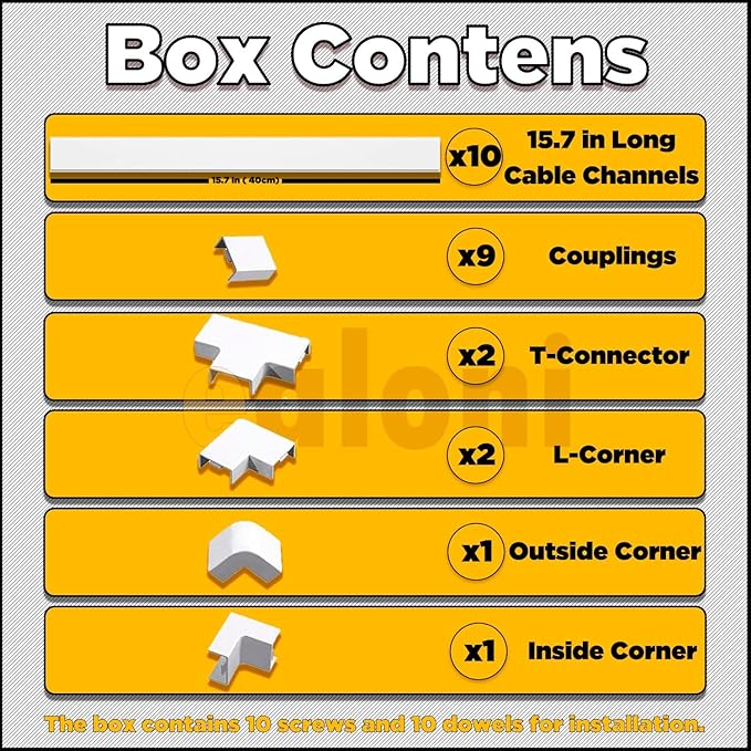 157" Cord Hider Kit | 10 Pcs 15.7in Paintable Cable Raceway with Connectors | T & L Corners | Inside & Outside Elbows | Screws and Anchors | Wall Cable Concealer for TV