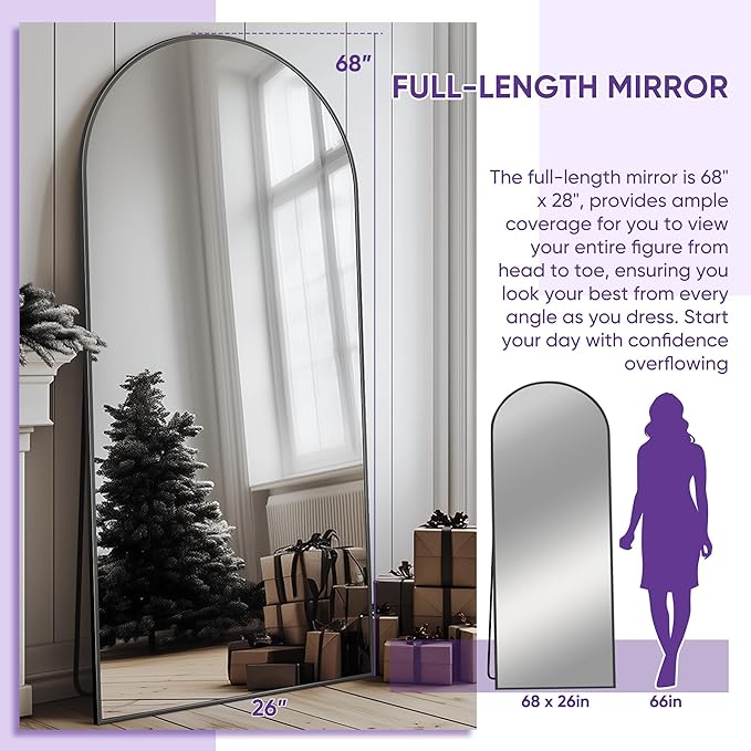 Full Length Mirror, Arched Floor Mirror Freestanding, Floor Standing Full Body Mirror with Stand for Bedroom, Hanging Mounted for Living Room Cloakroom