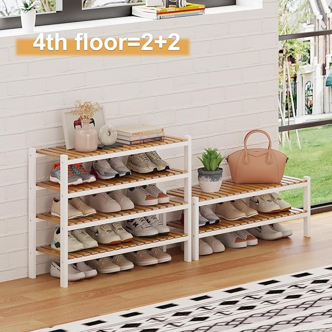 Bamboo Shoe Rack Organizer for Closet and Entryway-Space-Saving Narrow Shoe Stand-Versatile Shoe Holder for Door or Closet Shelf,Garage Bedroom can Freely Stack DIY Small Shoe Racks 3 Tier Mixed color