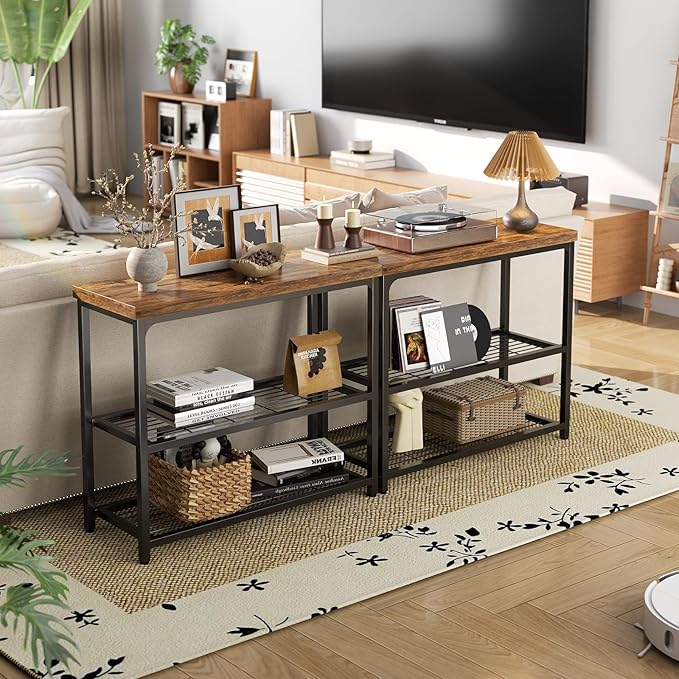 Besiost 32" Small Console Table with Storage, 3-Tier Industrial Narrow Entryway Table with Mesh Shelves, Sofa Table Behind Couch for Hallway Foyer Living Room, Sturdy Metal Frame, Rustic Brown