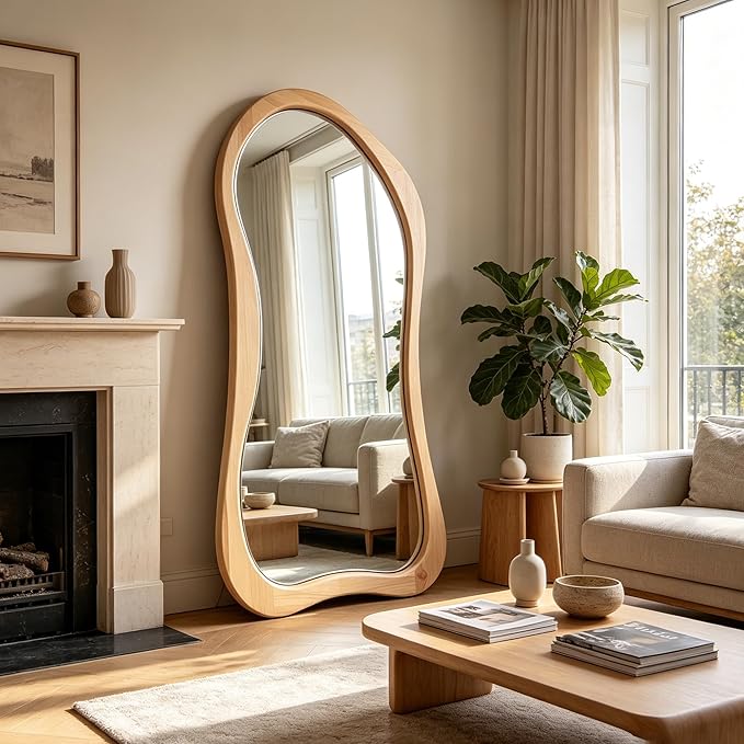 Irregular Full Length Mirror, 71"x33.5" Oversized Organic Floor Mirror with Solid Wood Frame, Asymmetrical Full Body Mirrors for Living Room Entryway Hallway Cloakroom, Leaning/Hanging