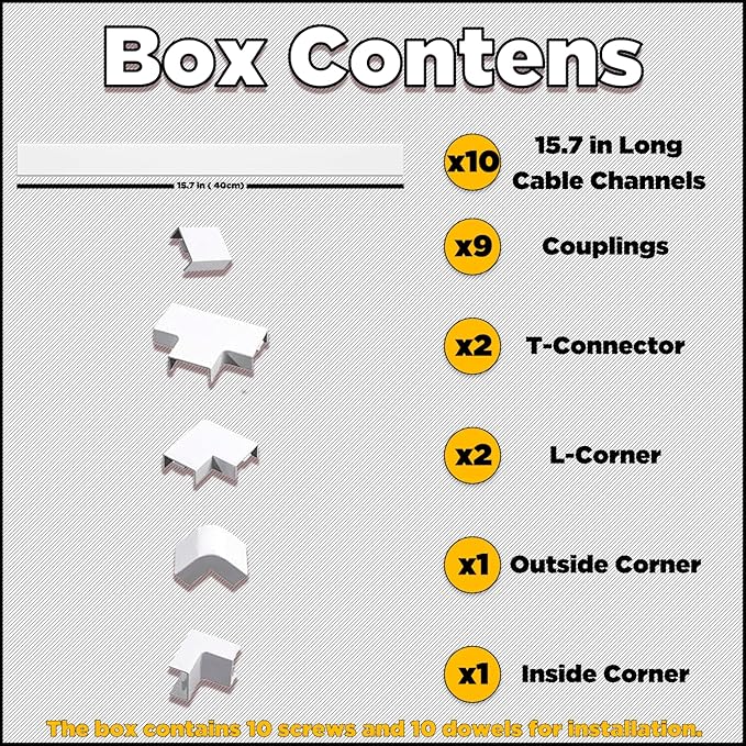 157" Cord Hider Kit | 10 Pcs 15.7in Paintable Cable Raceway with Connectors | T & L Corners | Inside & Outside Elbows | Screws and Anchors | Wall Cable Concealer for TV