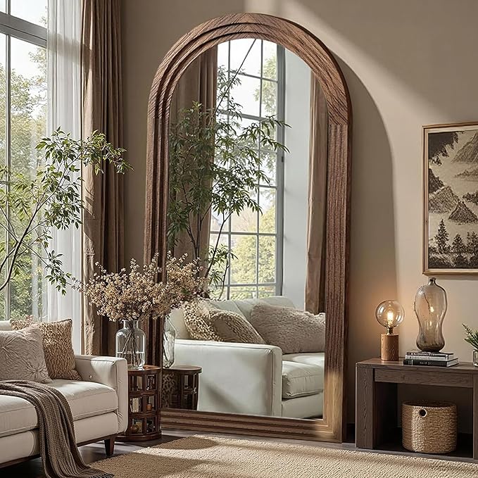 Delma Arched Full Length Floor Mirror with Stand, 75x35 Rustic Farmhouse Solid Wood Frame Wall Mirror for Bedroom, Living Room, Vertical Hanging & Standing(Brown)