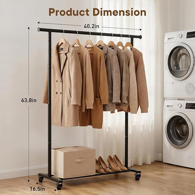 Clothes Rack, Clothing Rack for Hanging Clothes, Rolling Clothes Garmen Rack Coat Rack Portable Wardrobe Rack Metal Closet Rack for Bedroom Laundry Living Room, Black