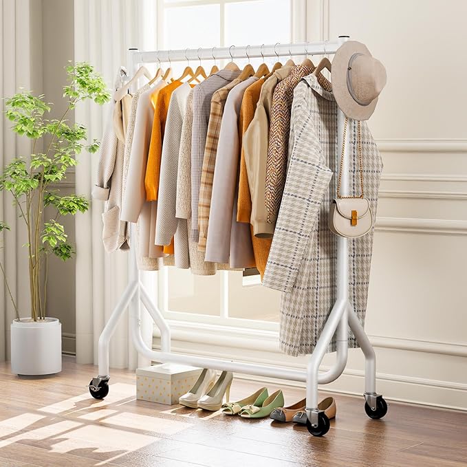HYSEYY Clothes Clothing Rack, Rolling Heavy Duty Clothes Rack Load 420 LBS With Wheels, Metal Clothes Rack for Hanging Clothes, Portable Standing Clothes Garment Rack, White,48 inches