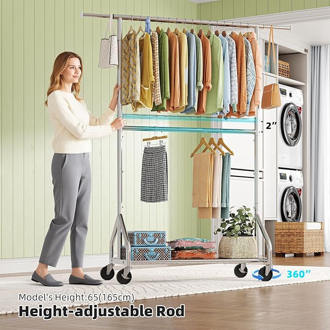 Simple Trending Heavy Duty Clothes Rack, Double Rod Clothing Rack for Hanging Clothes, Rolling Garment Racks with Lockable Wheels, for Bedroom Laundry Living Room, Chrome