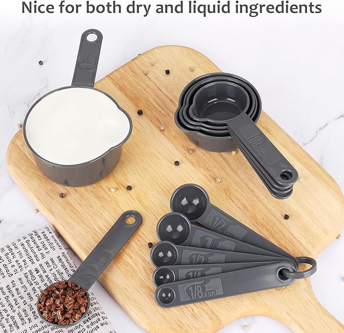 Accmor Measuring Cups & Spoons Set, Plastic Stackable Cups and Spoons, 11 Pcs Different Capacities Tablespoons Kitchen Gadgets Measuring Cup Set, Nesting Measure Sets for Dry Liquid Ingredients (Grey)
