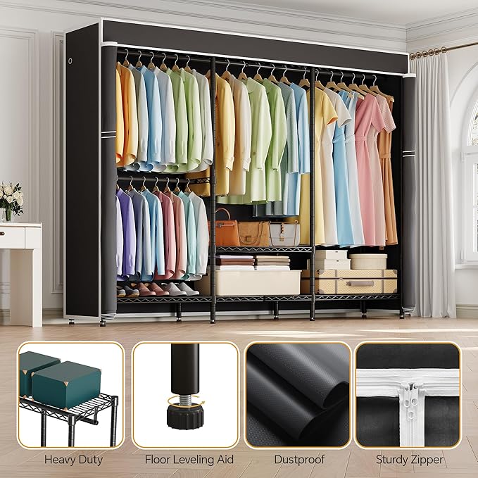 Higeego H8 Garment Rack with Cover, Portable Closet for Hanging Clothes, Heavy Duty Clothes Rack Wardrobe Closet Organizer and Storage, Black Clothing Rack Shelf with Black Fabric Cover