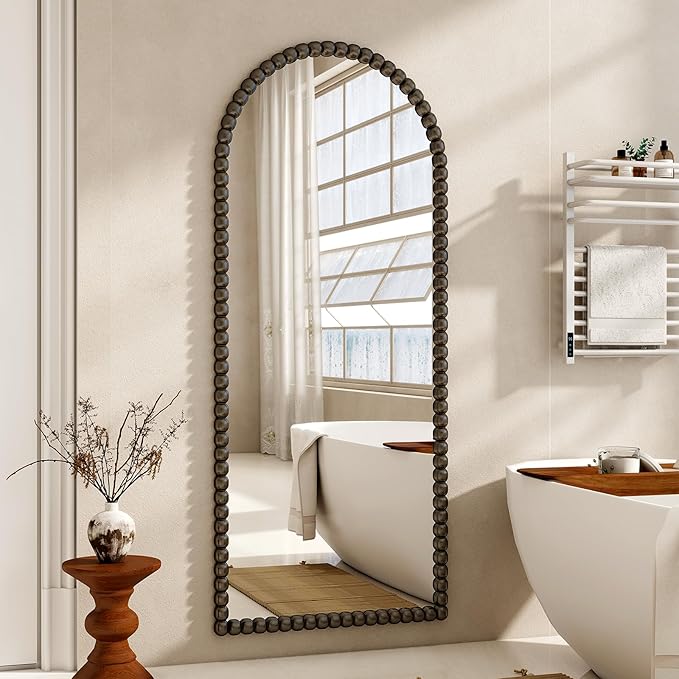 28"x71" Antique Arched Full Length Mirror, Vintage Beaded Decorative Floor Full Body Dressing Mirror as Room Decor Hanging Leaning Standing for Living Room, Bedroom, Vanity Area