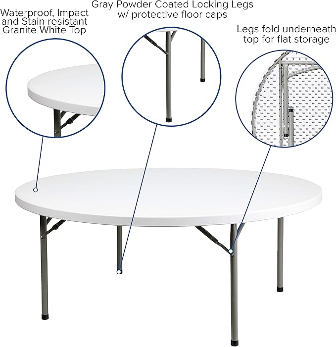 Flash Furniture Elon 6' Round All-Occasion Plastic Folding Event Table, Foldable Portable Banquet Table for Indoor/Outdoor Events, White