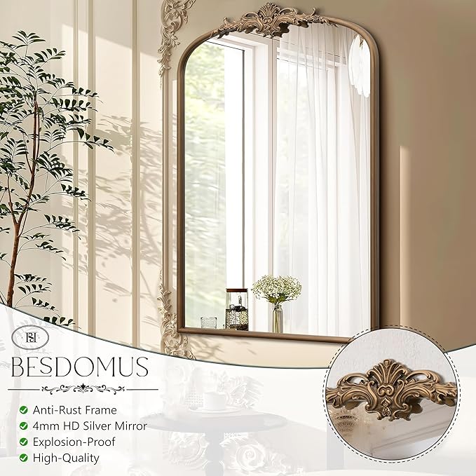 Besdomus Antique Gold Arched Mirror: 24"x36" French Large Arch Gold Vintage Wall Mounted Mirror - Traditional Ornate Home Decor for Entryway/Fireplace/Bathroom/Bedroom - Idea for Fashion-Conscious
