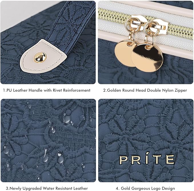 Prite Makeup Bag for Women Travel Waterproof Vegan Leather Cosmetic Bag Open Flat Toiletry Bag With Clear Divider and Handle (Blue Flower, Medium)