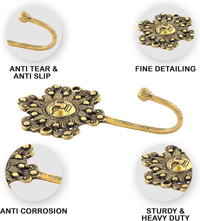Indian Shelf 33Lb. 3 Pieces Decorative Gold Sunflower Hooks Brass Wall Key Holder Vintage Golden Home Decor Sun Wall Coat Hook