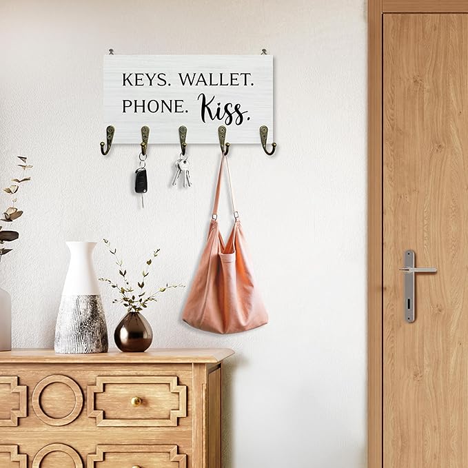 Keys Wallet Phone Kiss Key Holder for Wall 10"x5.12", Entryway Key Hanger Wall Mount, Gifts for Couples Family Cute House Wooden Hanging Keys Holder Decor for Entryway Front Door（5 Hooks）