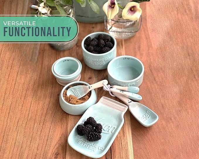 Comfify Mason Jar Kitchenware Set – Aqua Blue Ceramic Decor with 4 Measuring Cups, 4 Measuring Spoons, and Spoon Rest