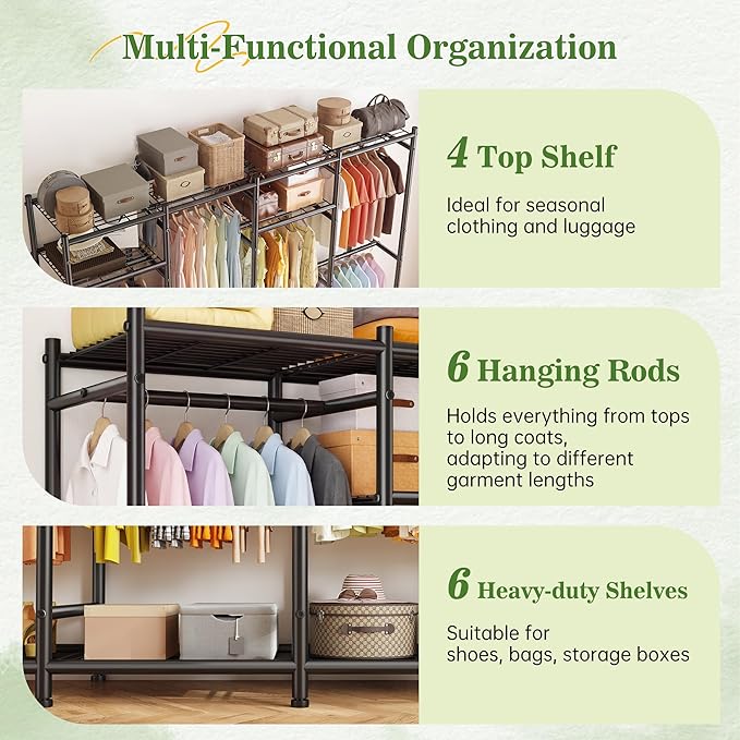 Raybee Clothes Rack, Clothing Racks for Hanging Clothes, Portable Closet with 6 Rods & 10 Shelves, Metal Garment Rack for Bedroom, Freestanding Wardrobe Closet, Black