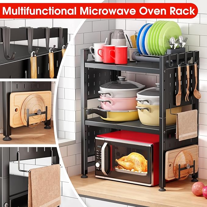 Microwave Stand, 3-Tier Expandable(17.4"- 27.4") Heavy Duty Adjustable Shelf Microwave Oven Rack, Kitchen Countertop Organizer and Storage with 9 Hooks & Cutting Board Holder, Holds up 180 lbs, Black