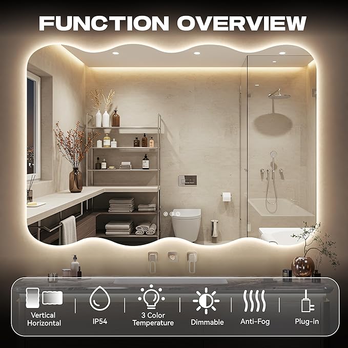 Hasipu Wavy Full Length Mirror with Lights - 28"×20" LED Wavy Floor Mirror, Frameless, Dimmable, Standing or Vertical/Horizontal Wall-Mounted Mirror for Bedroom, Living Room, Cloakroom
