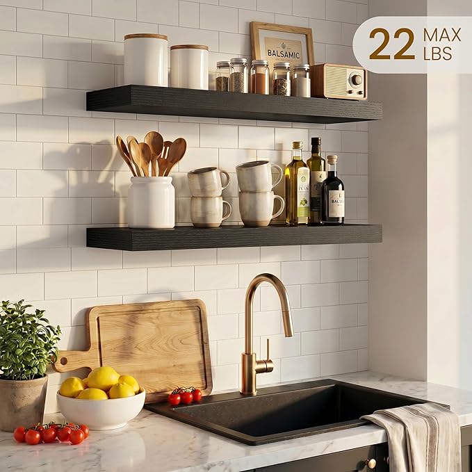 Dreamland Floating Shelves, Rustic Wooden Black Wall Shelves for Bathroom|Bedroom|Kitchen, Deep Wall Mounted Book Shelf, Wood Storage Display Shelf for Home Decor, 22.5" X 6.7" Set of 2