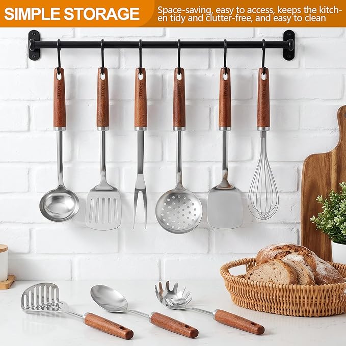 9PCS Stainless Steel Kitchen Utensils Set, Heavy Duty Wooden Handle Cooking Utensils, Metal Cookware Utensils with Spatula, Ladle, Skimmer, Spaghetti Spoon and Potato Masher, Easy to Clean