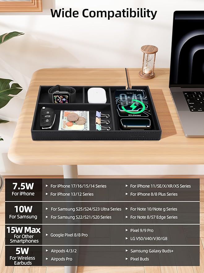 Valet Tray, Built-in Wireless Chargers, PU Leather Nightstand Organizer, Desk Bedside Caddy Organizer Tray for Men Women, EDC Catchall Trays for Keys, Watch, Phone, Jewelry, Black