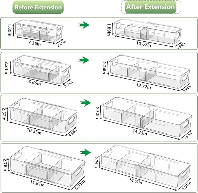 BLULEE 4-Piece Expandable Drawer Organizer Set, Adjustable Clear Bins with Dividers for Kitchen, Bathroom, Vanity & Office, Scalable Trays for Cosmetics, Utensils & Desk Accessories