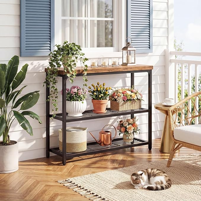 Besiost 32" Small Console Table with Storage, 3-Tier Industrial Narrow Entryway Table with Mesh Shelves, Sofa Table Behind Couch for Hallway Foyer Living Room, Sturdy Metal Frame, Rustic Brown