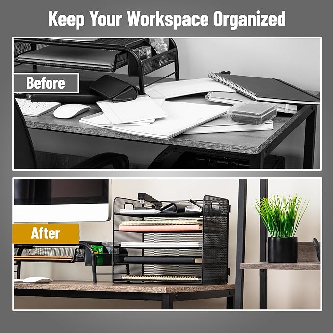 Mind Reader 5 Tier Paper Tray Desktop Organizer, Removable Shelves, Cut-Out Handles, Tool-Free Assembly, Metal Mesh, Black