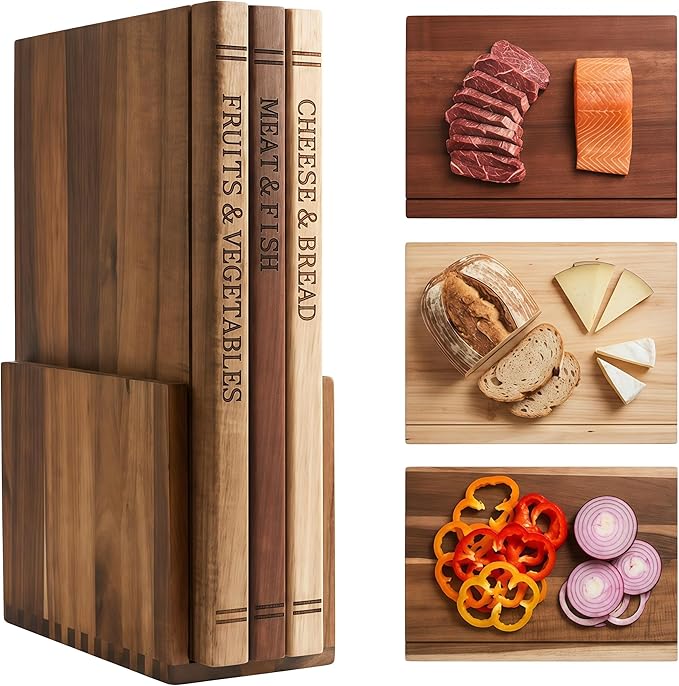 TRYLIFE Book Cutting Board Set of 3 with Stand - The Cutting Board Library, Wood Cutting Boards & Wooden Utensil Set - Charcuterie Boards for Kitchen, Home Decor Gift