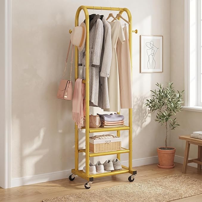 Dttwacoyh Hall Tree with Hanging Hooks,Gold Metal Decorative Freestanding Garment Rack on Wheels,3-in-1 Narrow Entryway Storage for Small Space,Suitable for Hallway,Bedroom and Bathroom,Gold