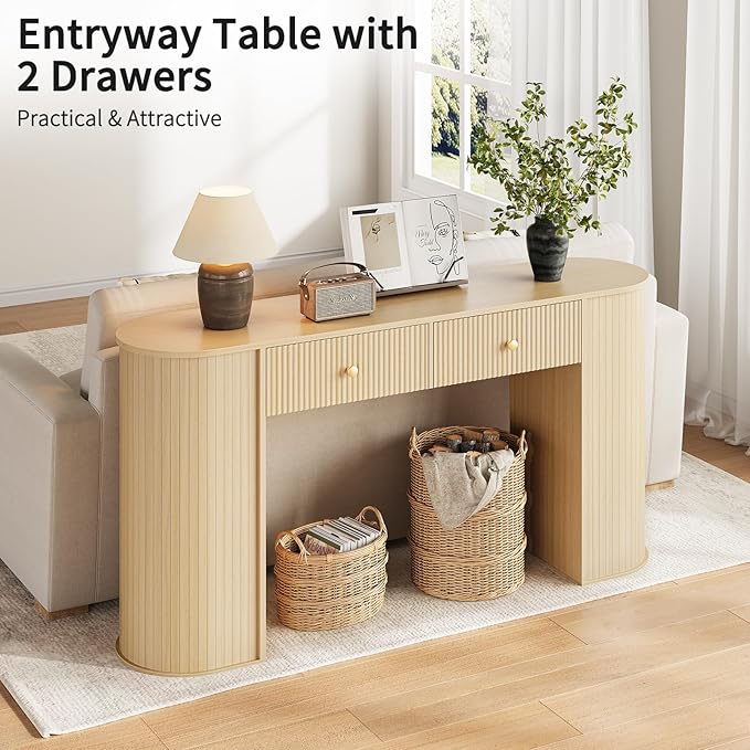 59" Fluted Console Table with 2 Drawers - Wood Entryway Table with Storage, Long Modern Sofa Tables Behind Couch with Curved Leg for Living Room, Entry, Hallway, Entrance, Foyer, Oak Natural