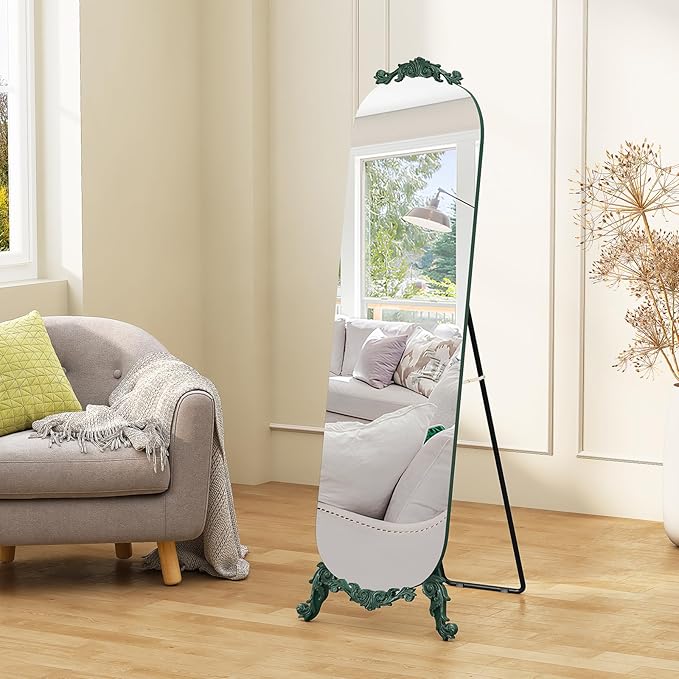 Arched Full Length Mirror, 63"X20" Vintage Floor Mirror, Baroque Full Body Mirrors with Art Carved, Free Standing Leaning or Wall-Mounted Mirrors for Bedroom, Living Room, Entryway, Green