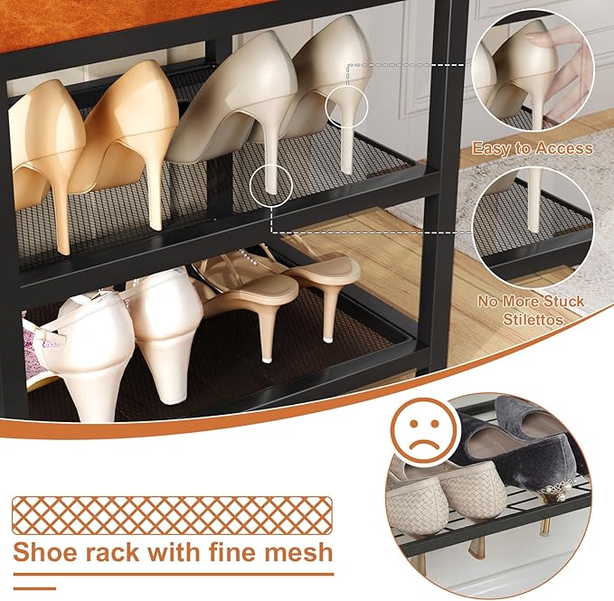 Small Shoe Storage Bench with PU Leather Seat Cushion, 3-Tier Freestanding Shoe Rack Organizer for Entryway, Heavy-Duty Metal Mesh Shelves, Supports Up to 300 lbs, Brown (15.7"x11.4"x17.5")