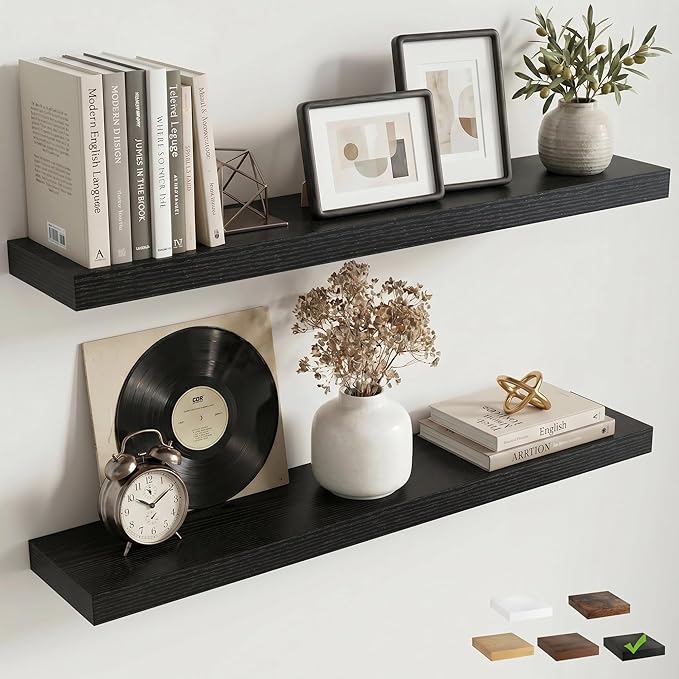 Venusmiles Floating Shelves for Wall, 36 Inch Floating Shelves Set of 2, 6.5" D Wooden Wall Mounted Display Shelves with Invisible Brackets for Living Room, Bedroom, Bathroom, Kitchen Decor, Black