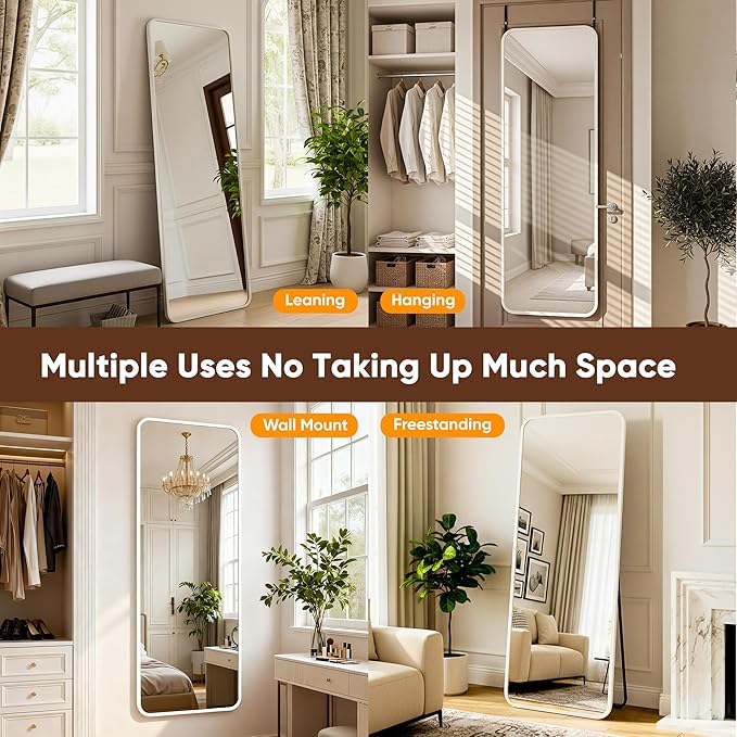 Antok 48''x 14'' Full Length Mirror Over Door, 4-in-1 Standing Leaning Wall Mounted, Adjustable Hanging Mirror for Bedroom Living Room, White, Rounded Corner