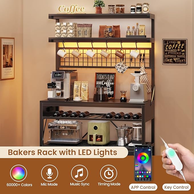 Itaar Bakers Rack with Storage and Power Outlet, 35.4 inch Coffee Bar Cabinet, Microwave Stand Kitchen Cabinet with Hutch, LED Lights, Wine Rack and Hooks (Black)