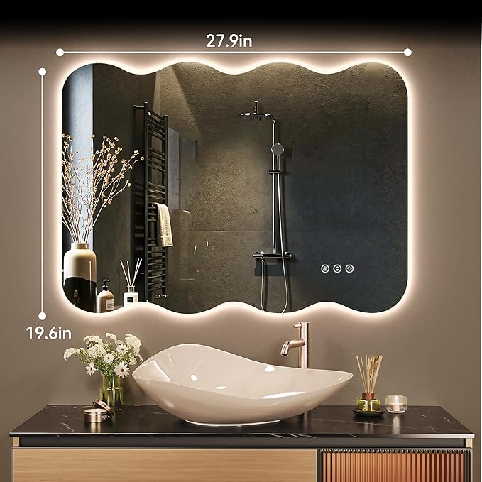 Hasipu Wavy Full Length Mirror with Lights - 28"×20" LED Wavy Floor Mirror, Frameless, Dimmable, Standing or Vertical/Horizontal Wall-Mounted Mirror for Bedroom, Living Room, Cloakroom