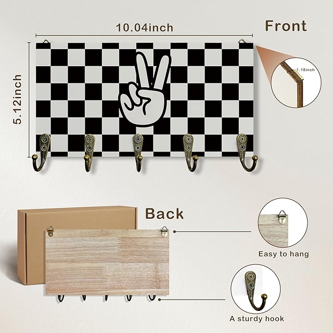 Black and White Checked Key Holder for Wall 10"x5.12", Boys Room Decor Key Hanger Wall Mount, Preppy Peace Sign Wooden Hanging Keys Holder Decor for Entryway Front Door Kids Room（5 Hooks）