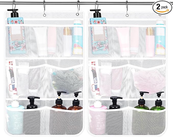 Dntorx 2 Pack Mesh Shower Hanging Caddy, 7 Pockets Hanging Shower Organizer with Metal Loop, Portable Bathroom Bag for Shampoo, Body Wash, Soap, and Cruise Ship Essentials