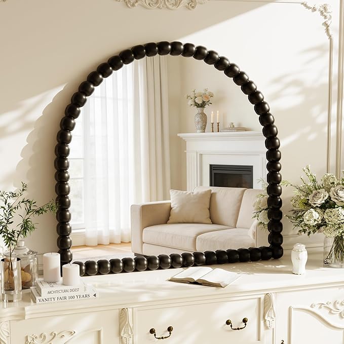 31"×32" Bronze Arched Bathroom Vanity Mirror, Vintage Beaded Decorative Wall Mounted Makeup Mirror, as Wall Decor Hanging Leaning for Fireplace Mantle, Living Room, Bedroom, Vanity Area