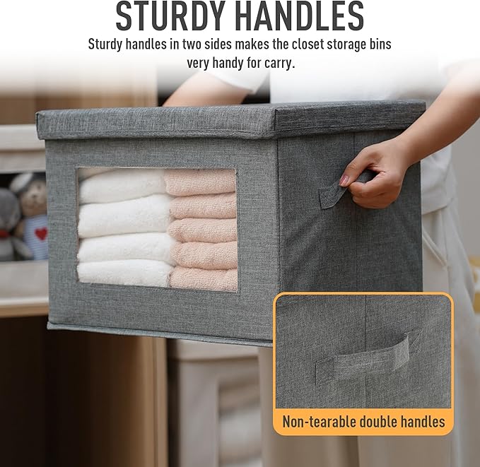 2-Pack Collapsible Storage Bins with Lids, Linen Fabric Foldable Storage Boxes, Cube Closet Organization for Clothes, Blankets, Books, Gray