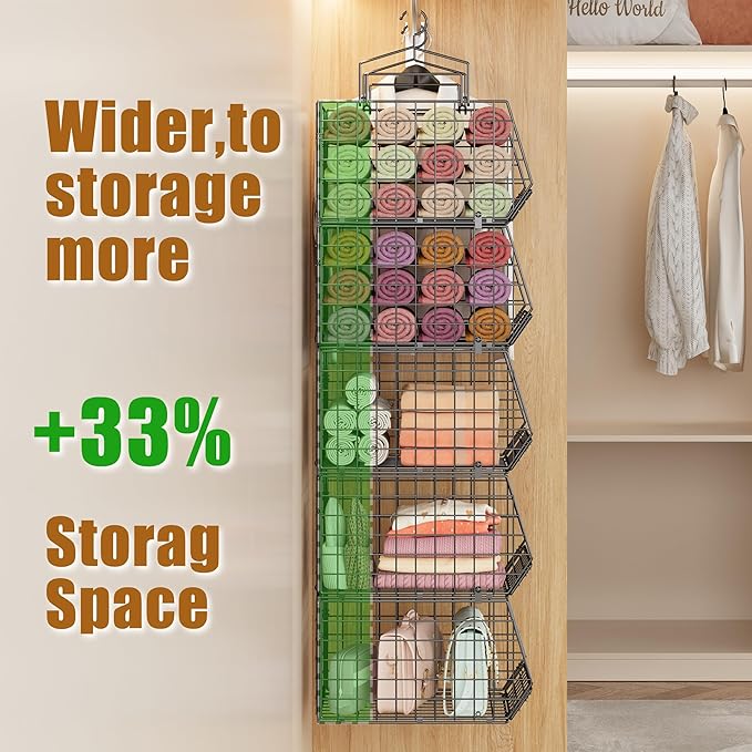 4" Extra Deeper Hanging Closet Organizers and Storage,4 Tier Foldable Wire Cabinet Shelves with 5 S Hooks,Small Metal Basket Bins for Clothes Sweaters Handbags, Wardrobe for Kitchen Laundry Room，Black