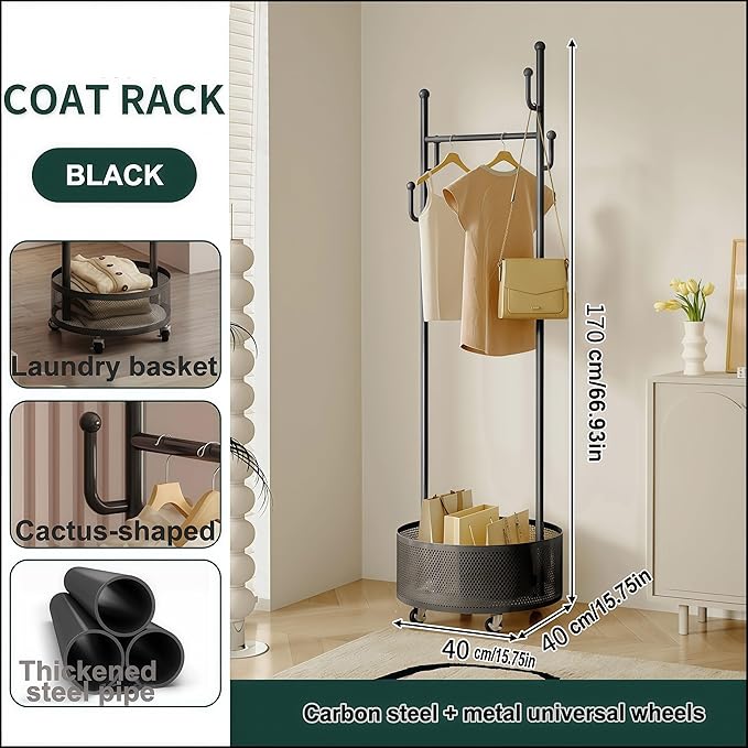 Rolling Coat Rack with Wheels, Freestanding Garment Rack with 6 Hooks & Mesh Storage Basket, Portable Clothing Rack Stand for Entryway, Bedroom, Closet(Black)