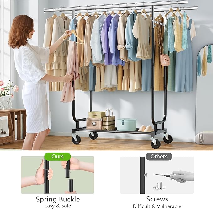 Heavy Duty Rolling Clothes Rack, 620 LBS Load Double Rod Adjustable Garment Rack with Storage Shelves & Lockable Wheels, Portable Clothing Rack for Hanging Clothes for Bedroom, Laundry Living Room