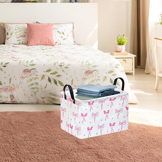 Storage Bin for Shelves Rectangle Closet Baskets Foldable Box with Handles, Pink Bowknot Storage Basket, Storage Boxes for Home Office Car Dormroom