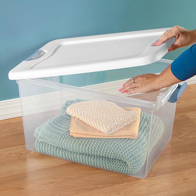 Sterilite 16-Pack Latching Box, Clear Plastic Under Bed Storage Bins with Lids, 64 Quart - Large Stackable Tote Organizer Containers for Closet, Bedroom, Bathroom, and Office Organization