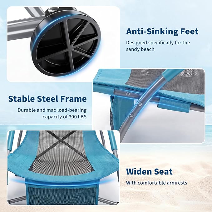 Garvee Low Beach Chair 2 Pack, Folding Portable Beach Chairs for Adults, Lightweight Extra Wide Seat Chair with Cup Holder, Storage Pocket & Carry Bag for Camping, Beach, Travel - 2PC